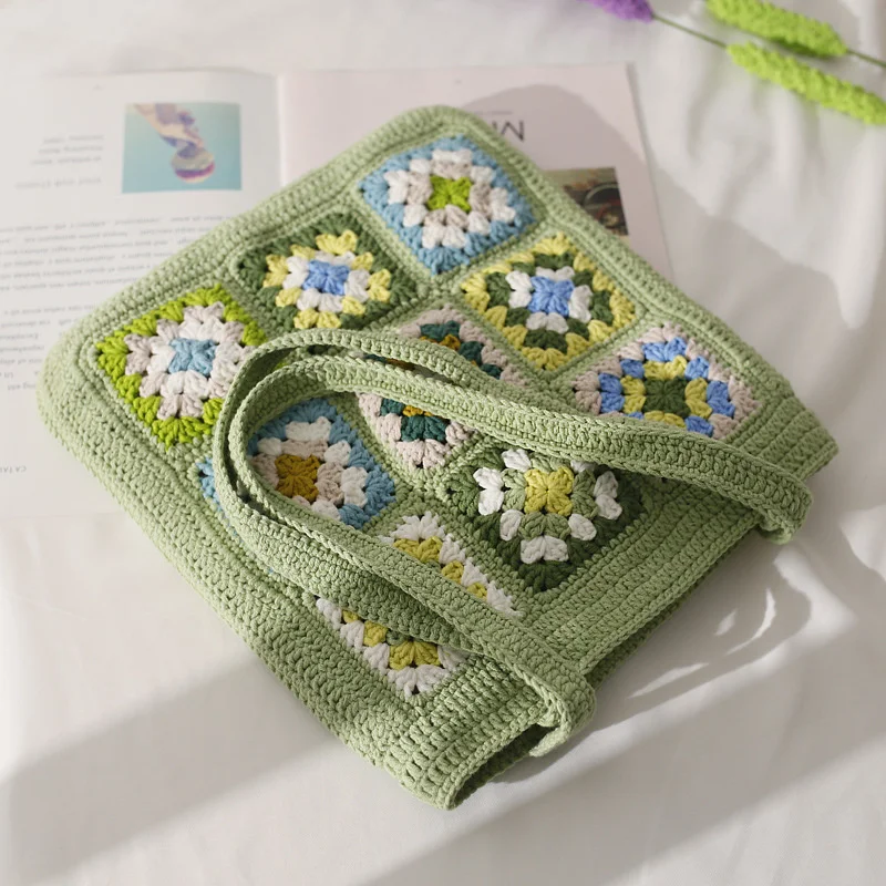 

casual granny square crochet tote bag bohemian knitted women shoulder bags handmade woven flower large capacity shopper purses