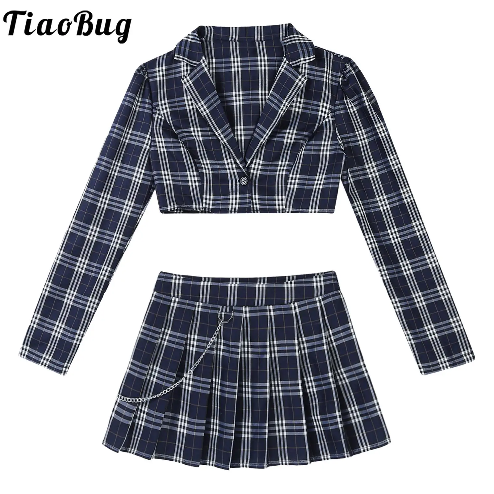 

Tiaobug Womens Schoolgirl Uniform Long Sleeve Plaid Printed 2Pcs Crop Tops with Metal Chain Pleated Skirts Cosplay Party Outfit