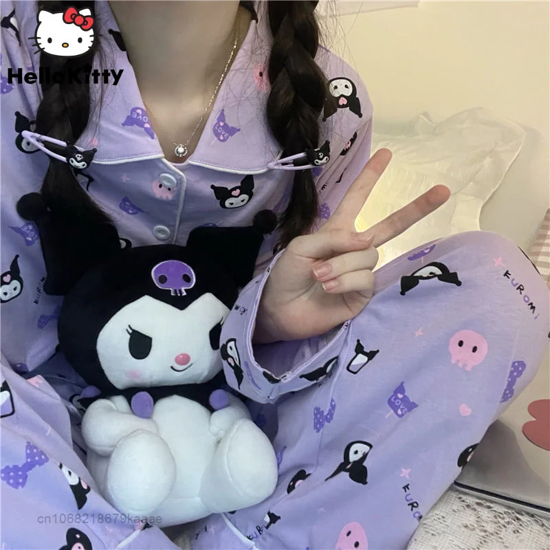 Sanrio Kuromi Pajamas Purple Style Y2k Cute 2 Piece Set Women Home Clothes Thin Long Sleeve Tops Wide Leg Pants Female Sleepwear