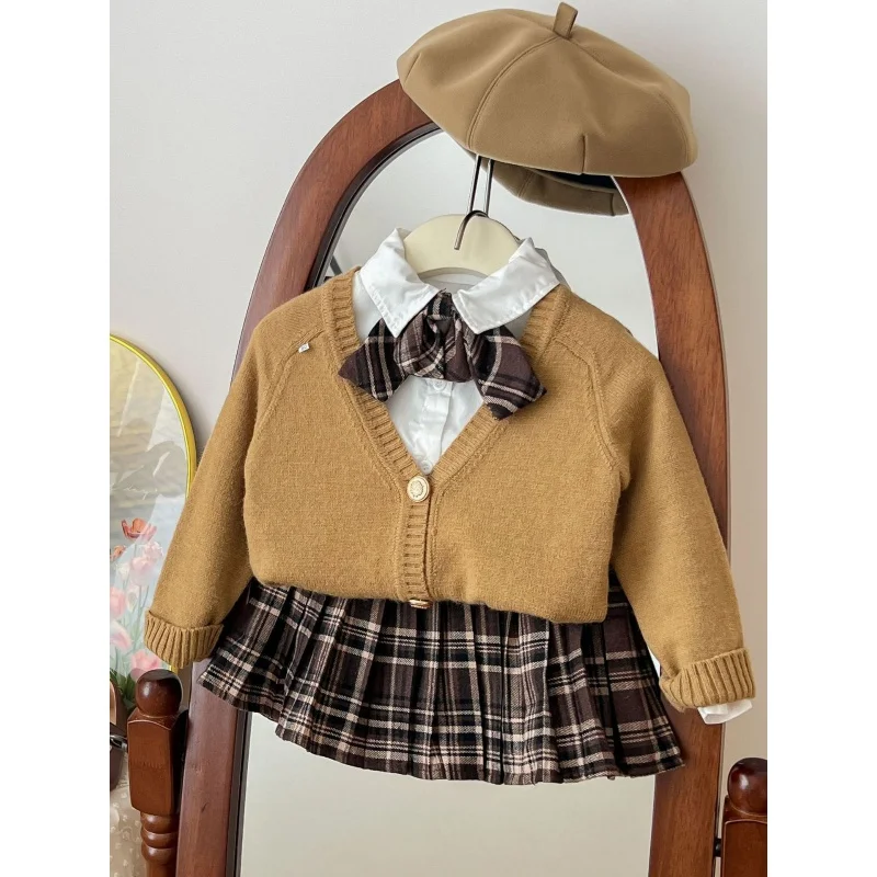 

Girls' JK Suit Skirt College Style Autumn Clothes Shirt Knitwear Pleated Skirt Western Style Girl Three Piece Suit