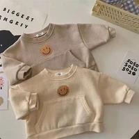 2022 autumn new boy toddler smiley long sleeve hoodie girl infant big pocket outdoor tops baby cotton casual shirt kid clothes