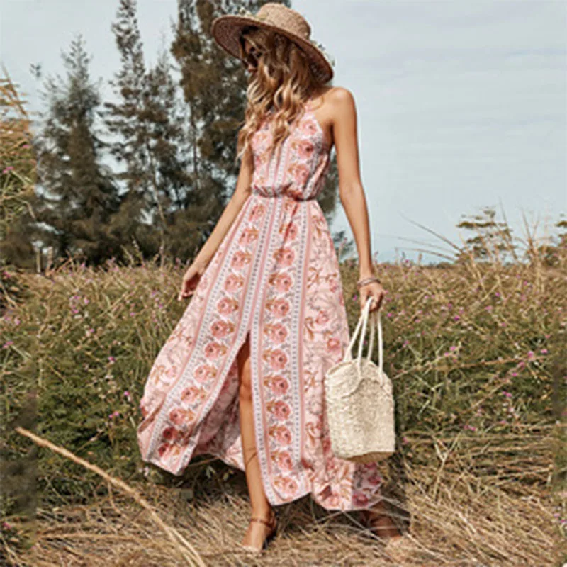 

Women Long Dresses Summer Sexy O Neck Floral Print Puff Sleeveless Backless High Split Beach Dress Elegant Party Club Vestidos