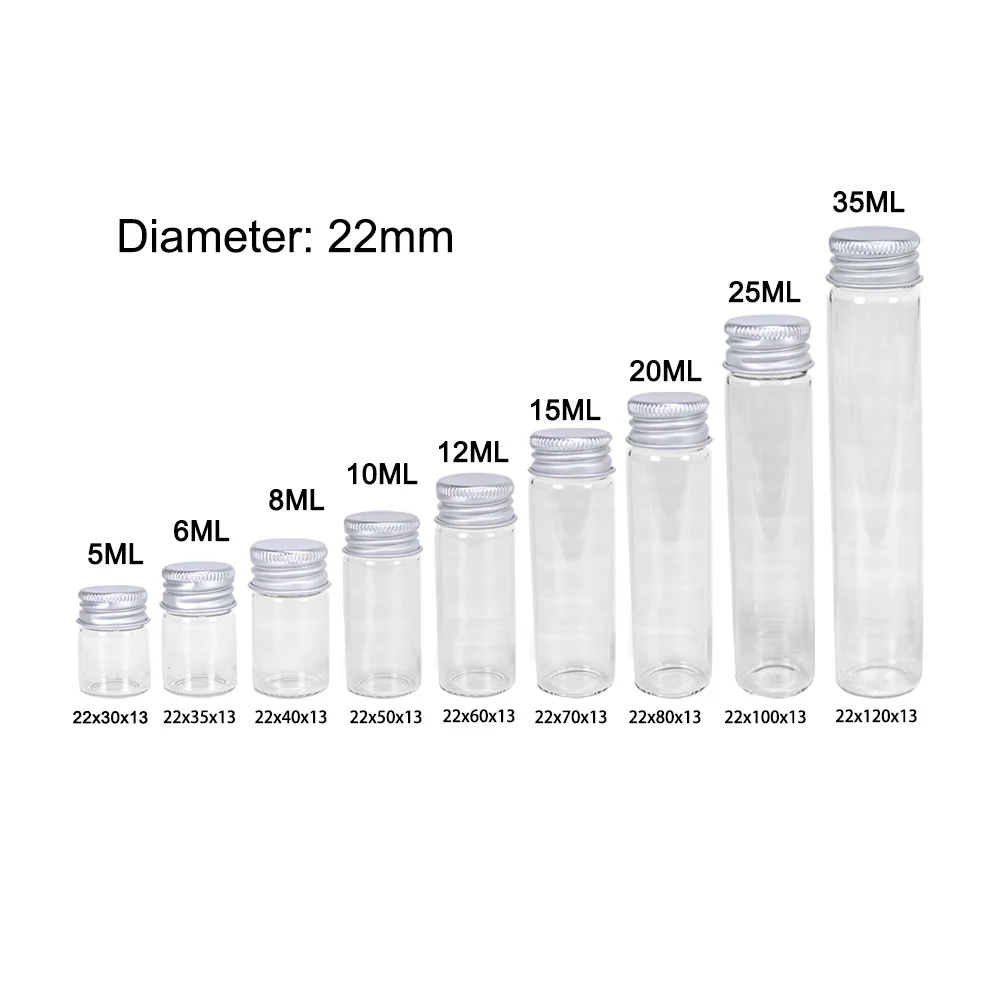 5ml 8ml 10ml 12ml 20ml 25ml 30ml Tiny Transparent Glass Bottles with Silver Aluminium Screw Cap Cute Jar Vials DIY Craft 100pcs