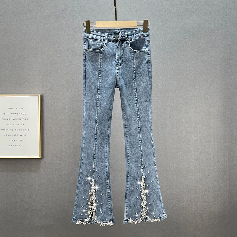 

Jeans for Women 2022 Spring Summer Denim Pants New Heavy Industry Beads Split Bootcut Trousers Woman Pants Femme Washed Jean