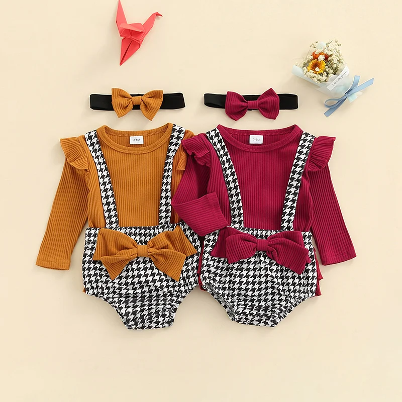 

0-24m Newborn Baby Girl Long Sleeve Cotton T-shirt Tops Bow Suspender Bloomers Shorts Headband 3pcs Baby Clothing Set