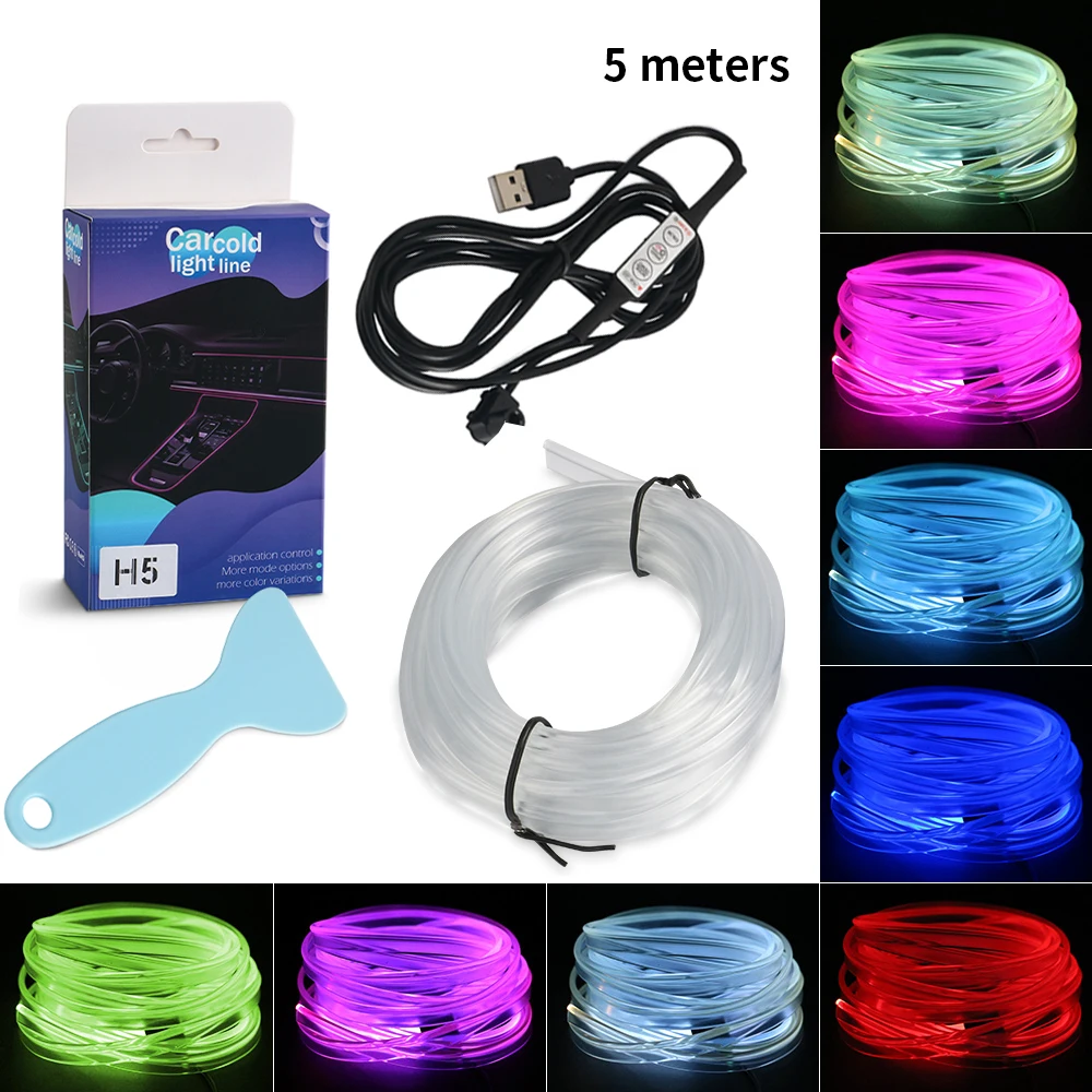 

Светодиодная лента RGB 1/2/3/4/5 м для салона автомобиля, неоновые украшения, атмосферное освещение, несколько режимов, «сделай сам», приборная панель, окружающая USB-проводка, лампы