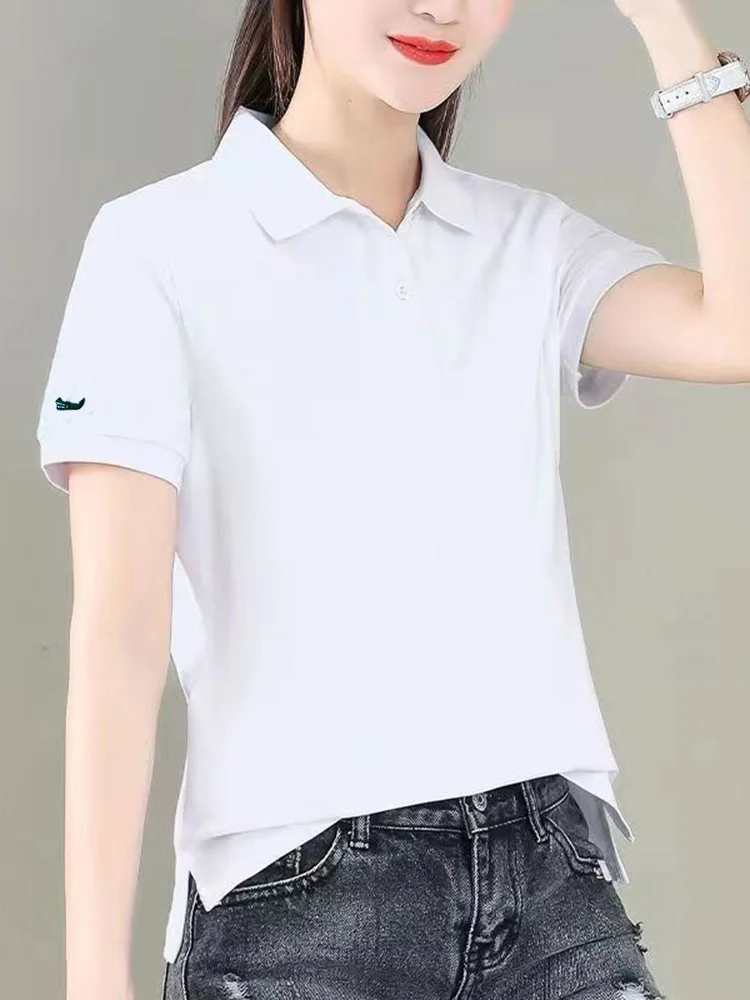

Women's Short-Sleeved Mesh 95% Cotton Summer Blouse Solid Button Sexy Logo Polos Shirt T-Shirt Female Casual Sports Polo Top