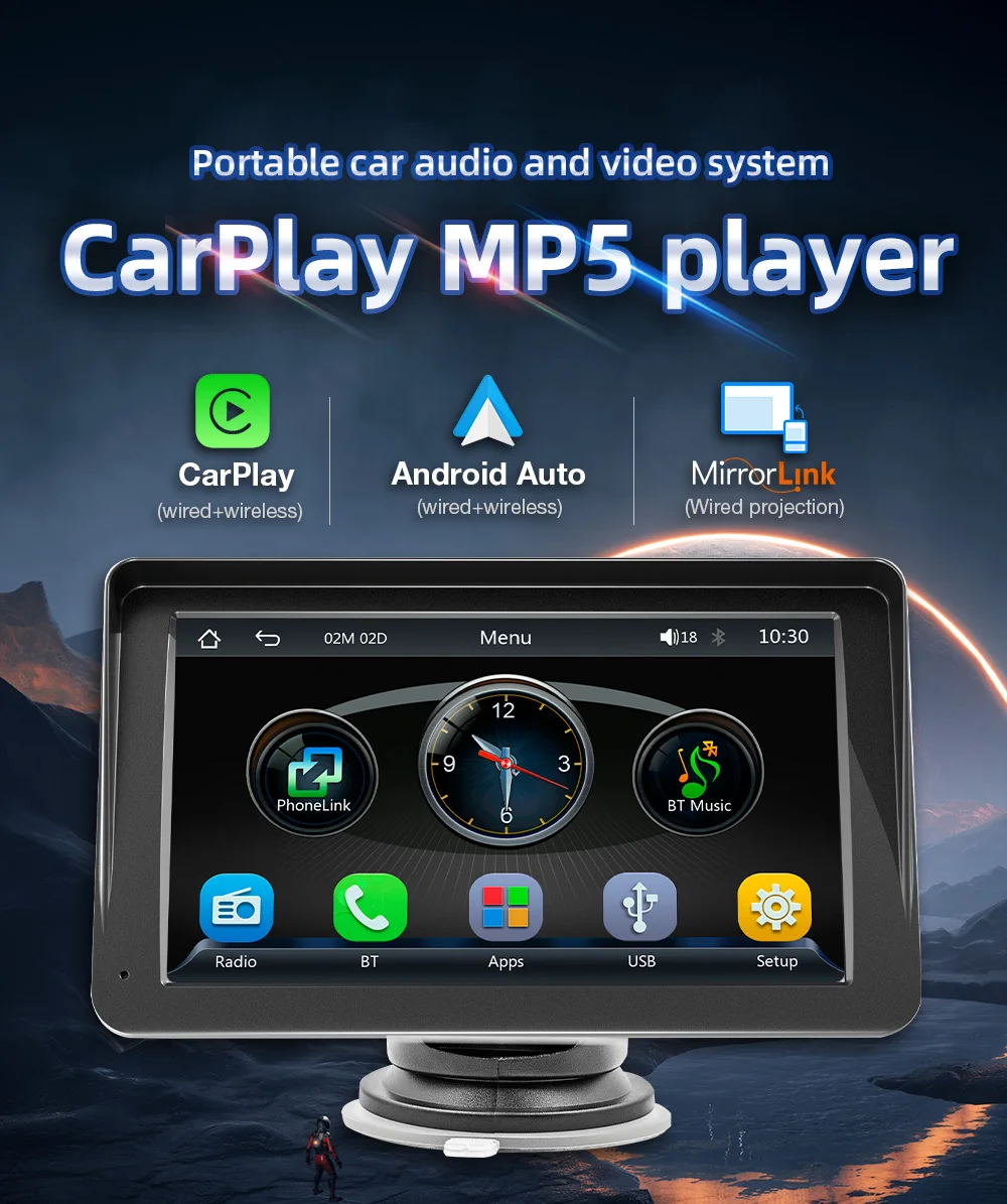 

7-дюймовый портативный автомобильный радиоприемник с беспроводным CarPlay и Android Auto, мультимедийный видеоплеер с сенсорным экраном, USB и AUX для камеры заднего вида