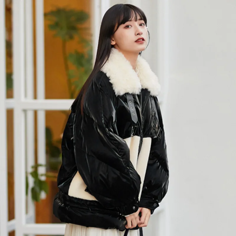 Women's Winter Jacket 2021 Lapel Collar Thick Warm White Duck Down Filling Down Jackets for Female Stitching Casual Chic Coats