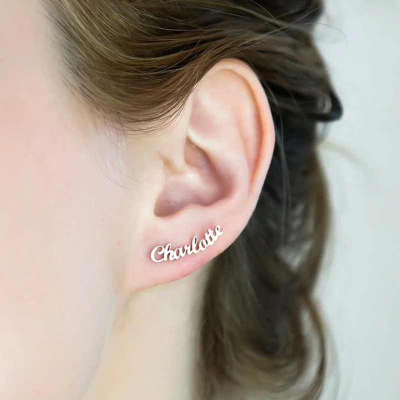 

Personalized Customized Initial Cursive Nameplate Stud Earring Custom Name Earrings For Women Girls Gift For Best Friend