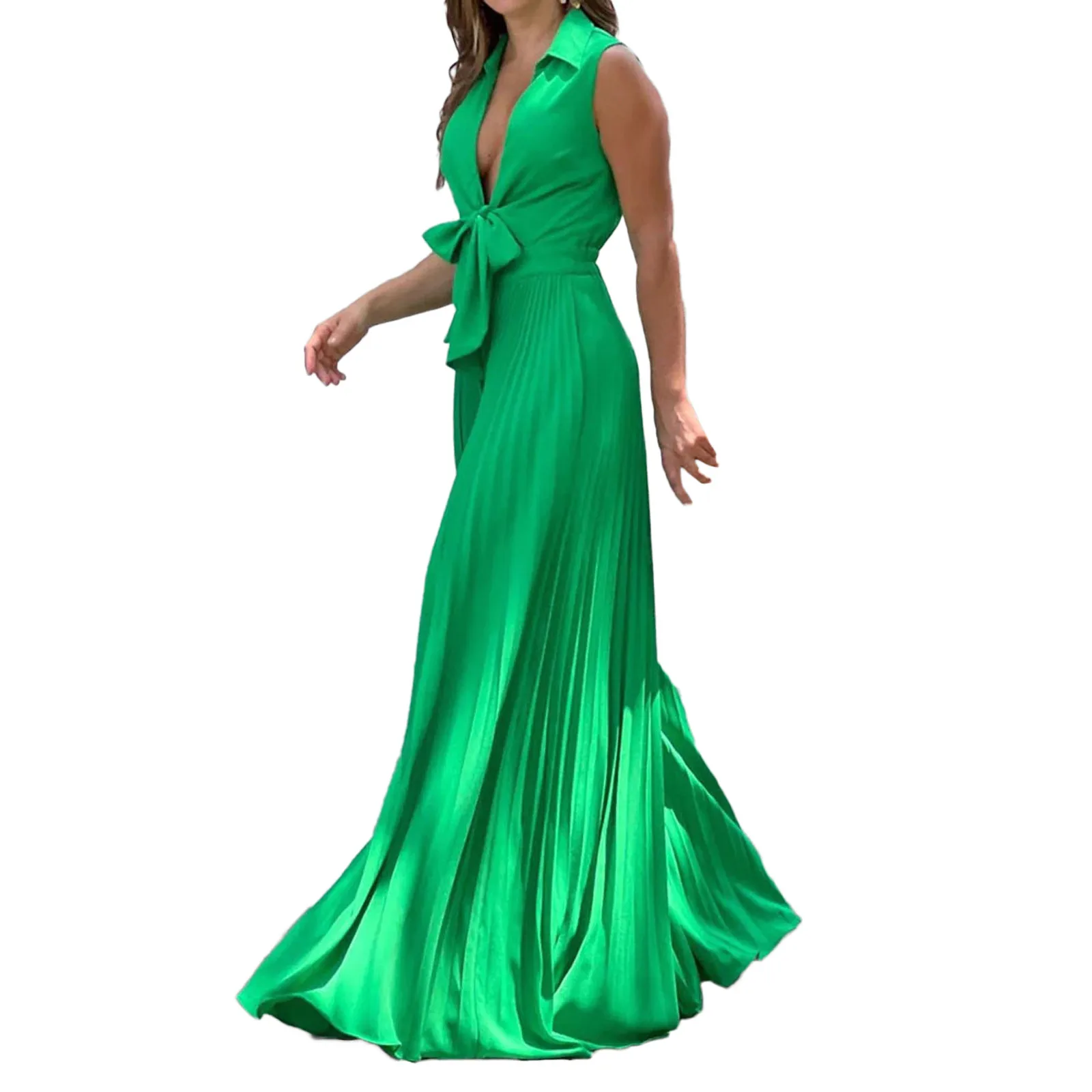 

Women Waist High Sense Green Deep V Neck Light Luxury French Long Big Swing Dress Pantsuit for Women