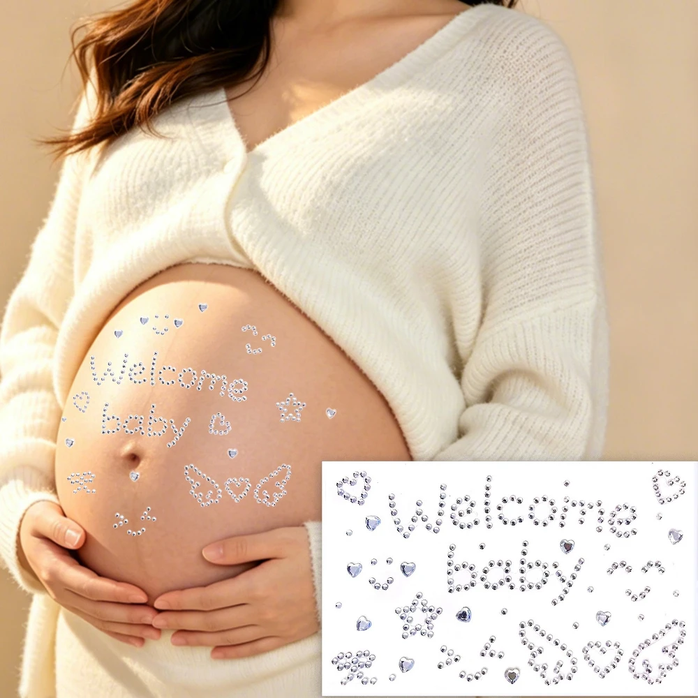 Фото 3D-наклейки с блестящими стразами «Welcome Baby» для фотосессий беременных: наклейки на живот с сердечками, бантиками и кристаллами №1