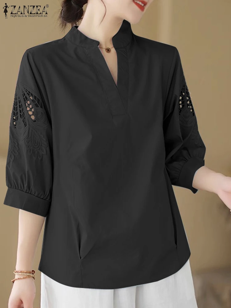 Блузка ZANZEA Женская Повседневная свободного покроя модная ажурная Однотонная