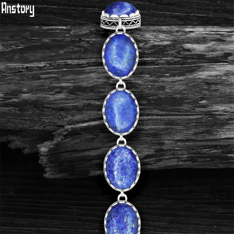 Фото Natural Oval Lapis Lazuli Bracelet For Women Vintage Antique Silver Plated Flower Pendant Fashion Jewelry Party Gift TB276 №1