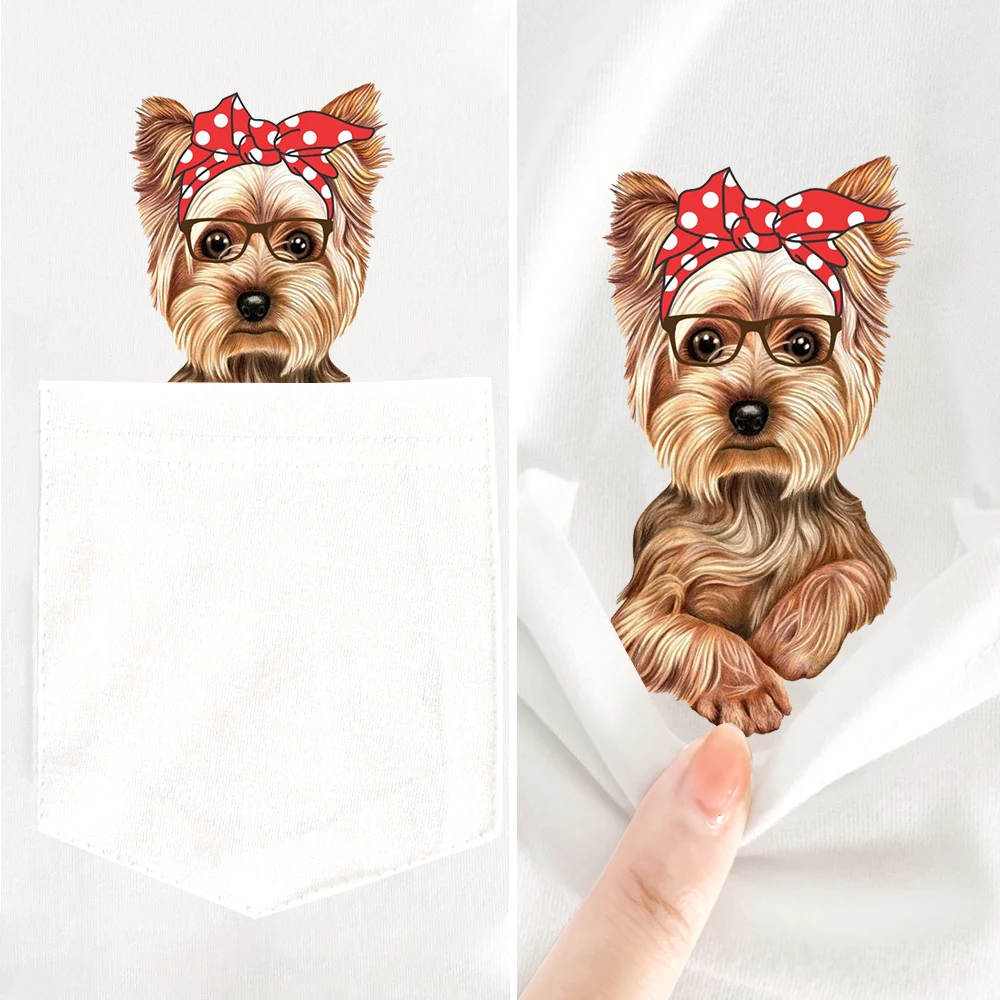 

CLOOCL White 100% Cotton T-Shirt Cute Dog Yorkshire Pocket T-shirts Harajuku Woman Tshirts Casual Graphic Tee Dropshipping
