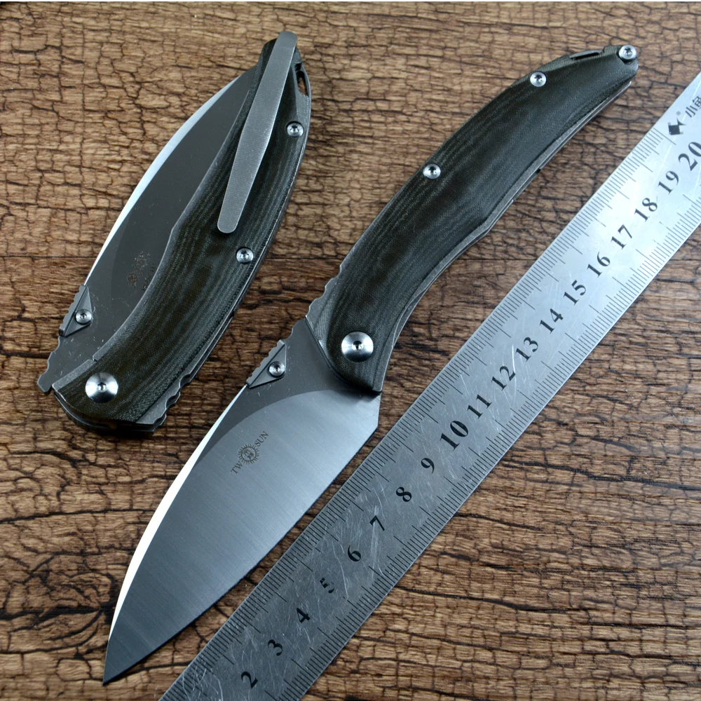 Twosun Folding Knife D2 Satin CNC Blade Ceramic Ball Bearing Washer Micarta Titanium Handle TS357 Hiking Outdoor Camping Knives