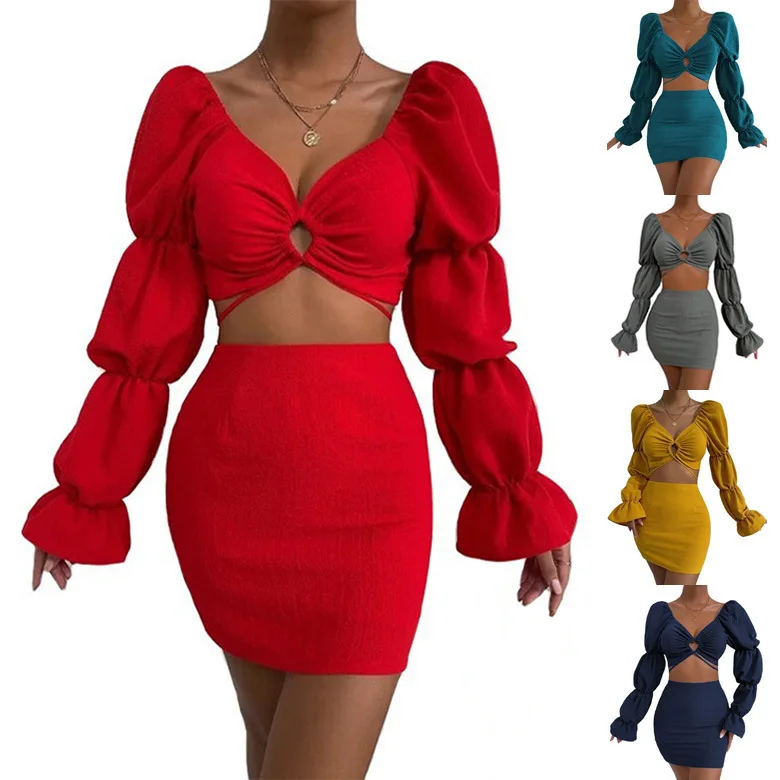 

Europe and America 2022 Summer New Women's Sexy Solid Color V-collar Piercing Navel Strap Skirt Suit