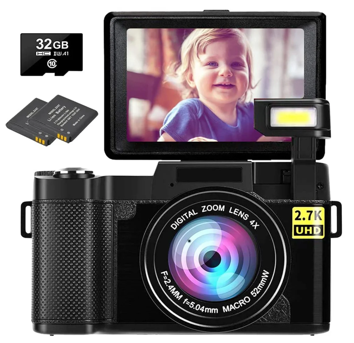 

HD Digital Camera 24MP Photographic Camera 4x Zoom Rotating Screen Professional EIS Video Camera W/ Wide Lens and 32GB Card