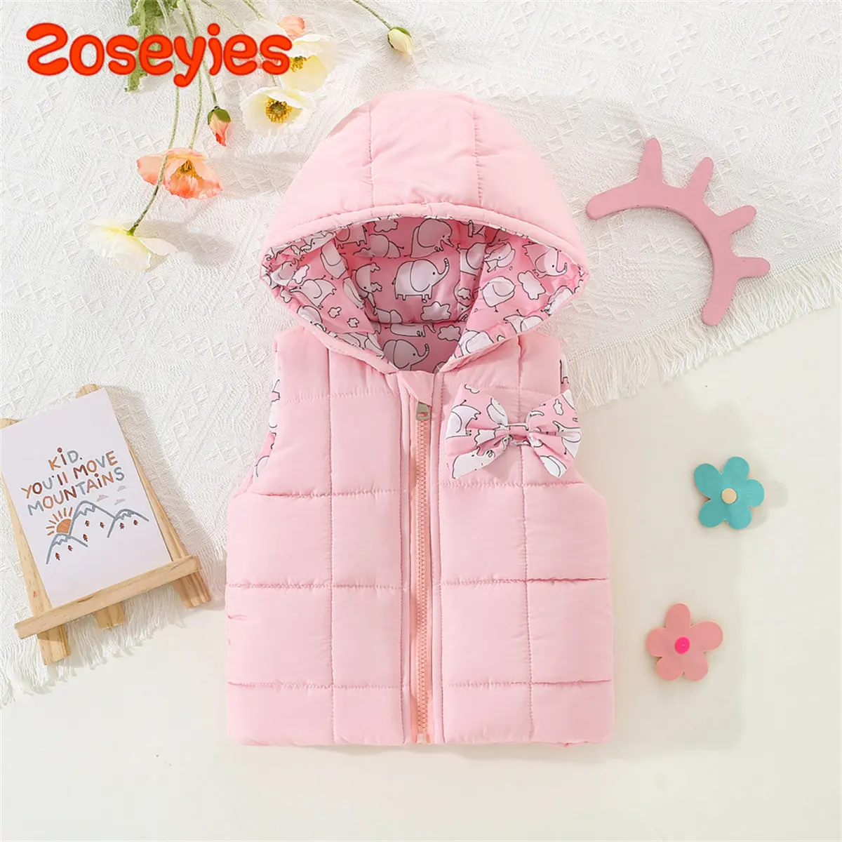 

Осенне-зимняя хлопковая жилетка для девочек, однотонное милое теплое пальто на молнии с капюшоном и бантом