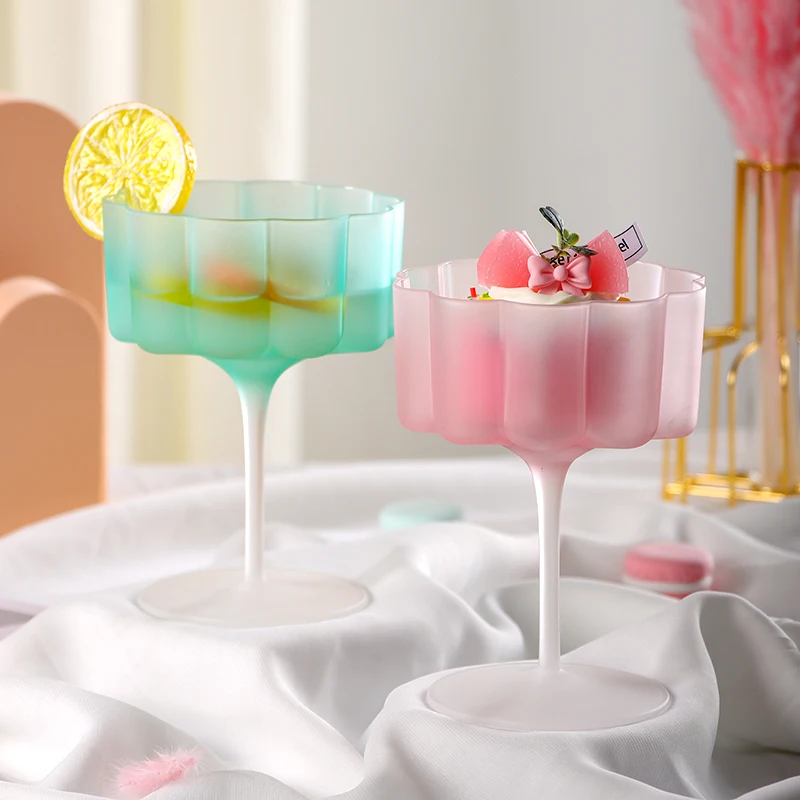 Фото Colorful Frosted Glass Cocktail Mug Masked Candy Goblet Home Petal Lace Macaron Ice Cream Cup Holiday Party Barware №1