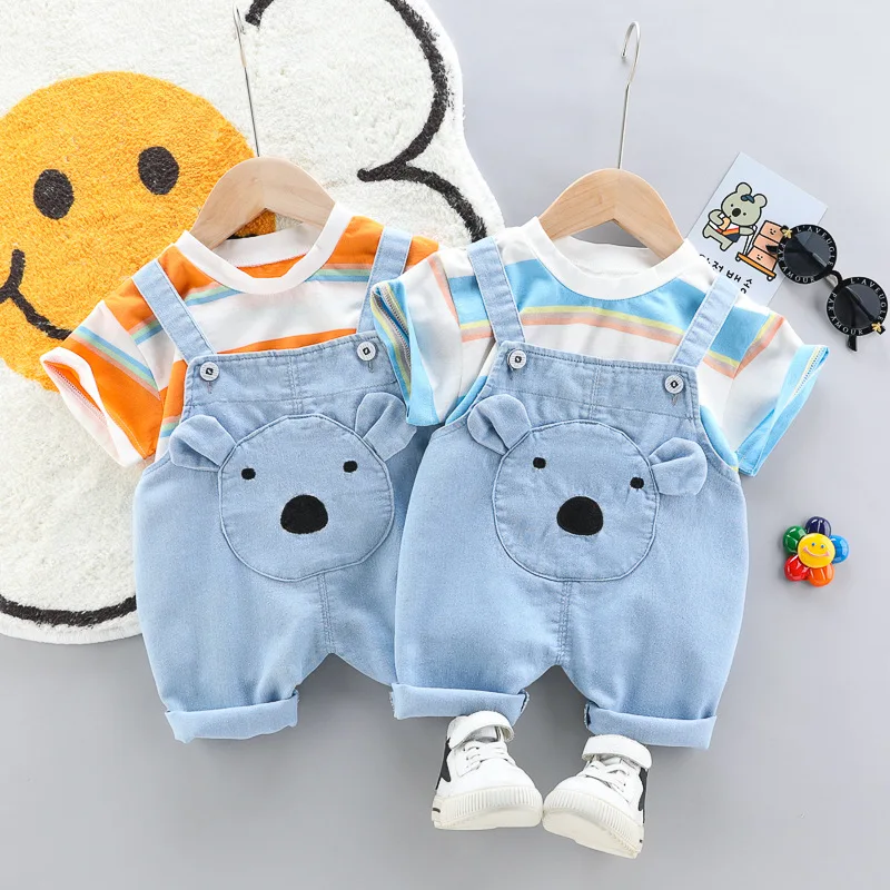 

Children's Set Boys and Girls Stripes Minimalist Two Piece Summer Casual Baby T-shirt Korean Cotton Toddler