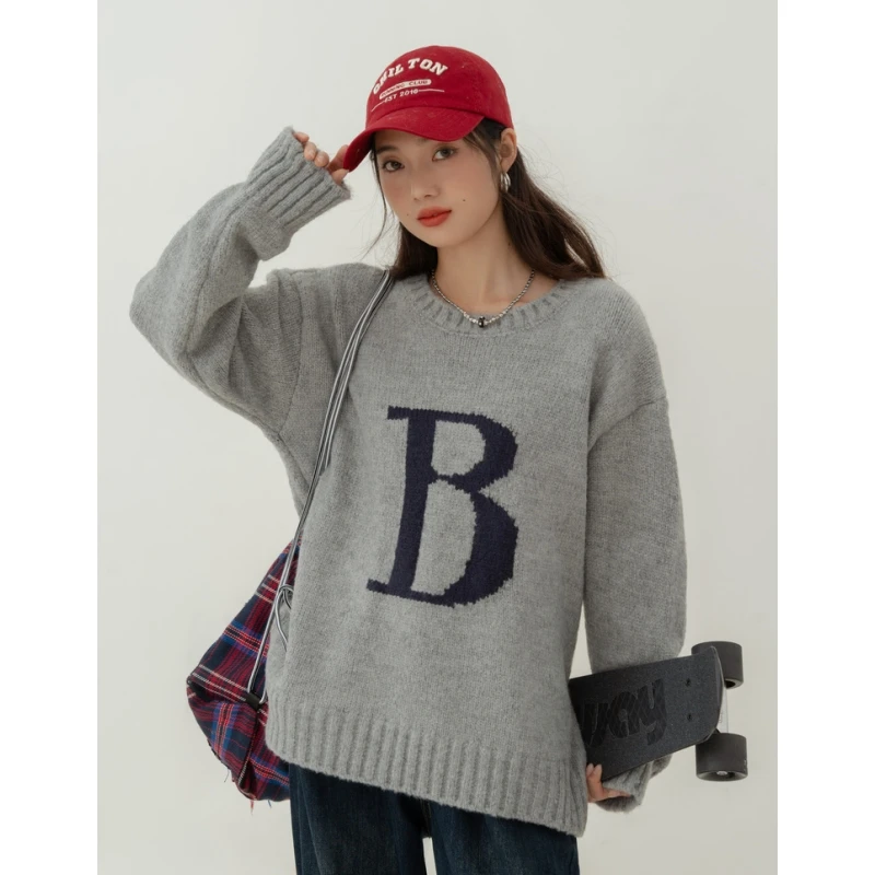 

Women's Clothes Grey Sweater Letter Color Contrast Round Neck Fashion Vintage Lazy Wind Winter NEW Female Knitting Pullover