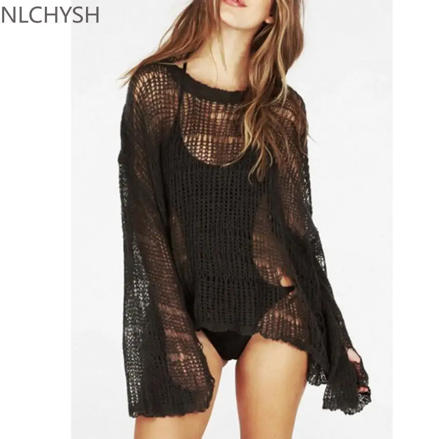 

Beach Sexy Hole Sweater Asymmetric Hem Loose Knitted Crochet Heart shape Hollow out Thin Knit Sweater Jumper Tops Holiday