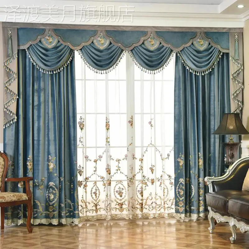 

European Style Luxury Curtains for Living Room Velvet Embroidered Cortina Shading Drape Window Curtain Valance Tulle Home Custom