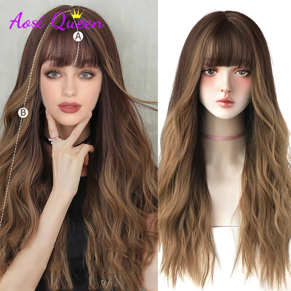 

AS Long Wavy Black Blonde Synthetic Wig Ombre Wig With Fluffy Bang Women Natural Heat Resistant Fiber Hair Wig
