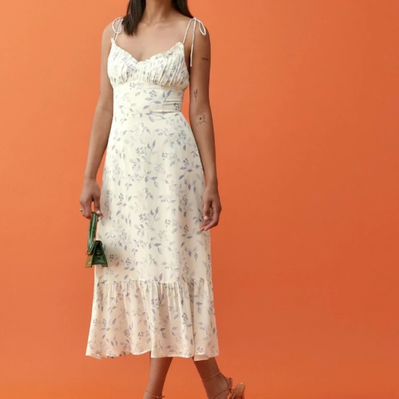 Women Fashion Prairie Chic Floral V-Neck Sleeveless Camisole High Quality A-LINE Mid-Calf Dress
