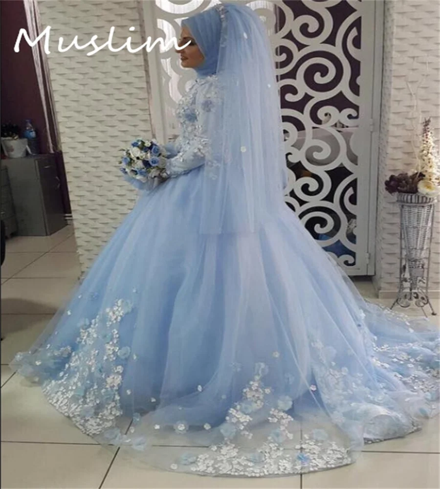 Роскошное синее мусульманское свадебное платье бальное Walima с длинным рукавом и