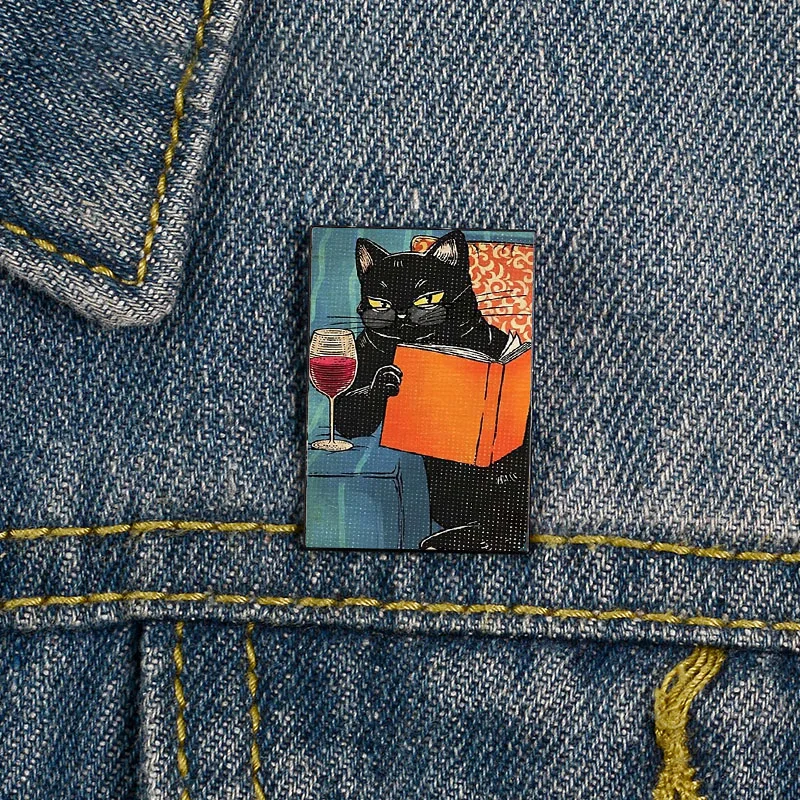 

Fashion CAT read books Printed pin Custom Funny vintage Brooches Shirt Lapel teacher Bag Cute Badge Cartoon pins for Lover Girl
