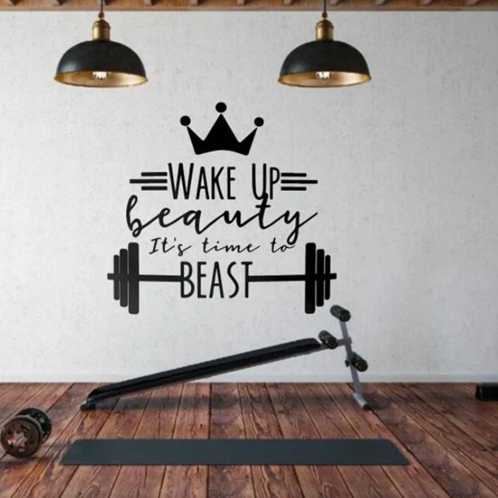 

Wake Up Beauty Its Time To Beast Gym Wall Sticker Decal Fitness Motivational Quote Queen Crown Barbell Sport Vinyl Sport Decor