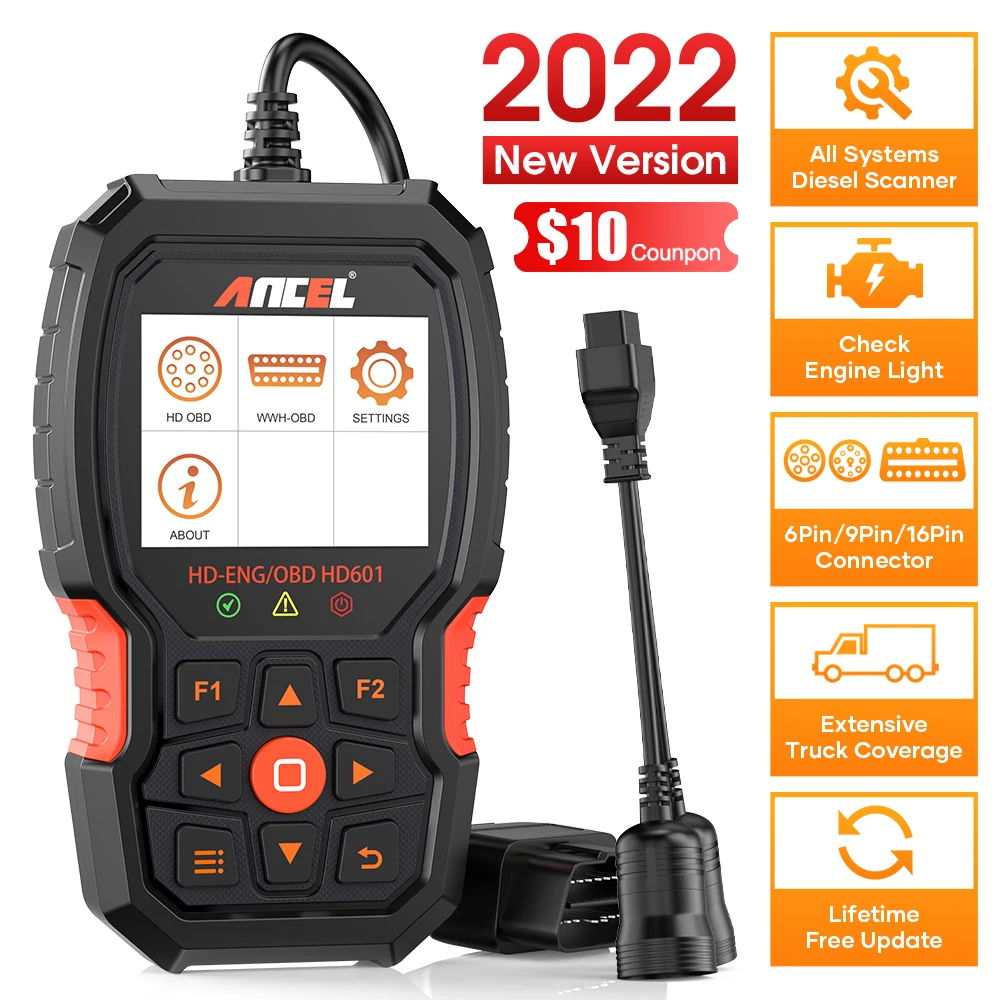 Диагностический сканер для грузовиков ANCEL HD601, вся система, HD, дизельный, для тяжелых условий эксплуатации, считыватель кодов, полная система, диагностический сканер OBD2