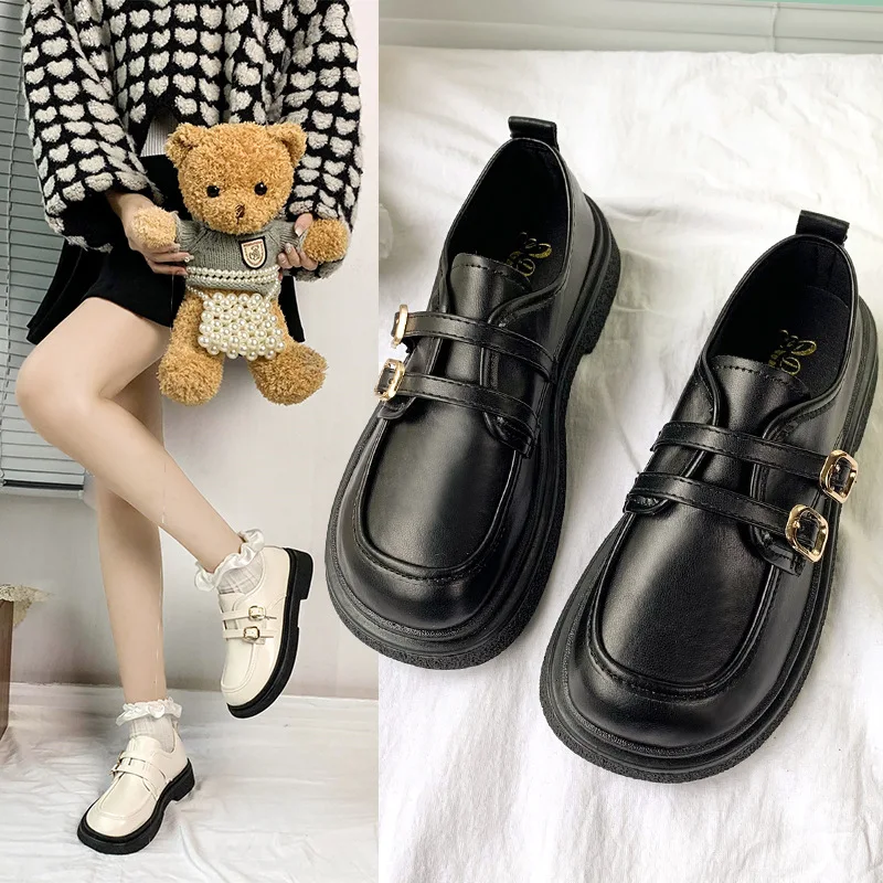 

Round Toe Shoes Woman Flats British Style Casual Female Sneakers Loafers With Fur Autumn Clogs Platform Oxfords Dress Retro Prep