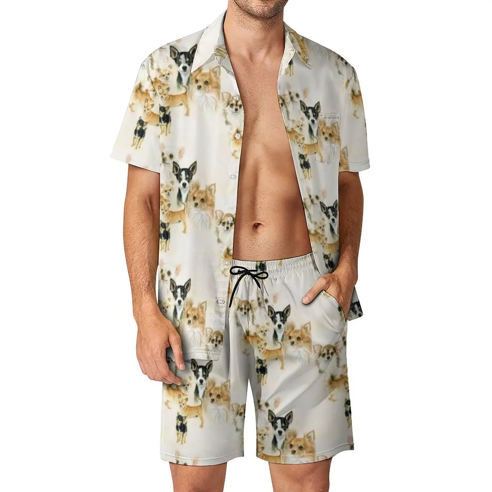 

Комплект для чихуахуа мужской, Повседневная пляжная рубашка с шортами и графическим принтом, гавайский костюм с коротким рукавом, одежда в стиле оверсайз, на лето