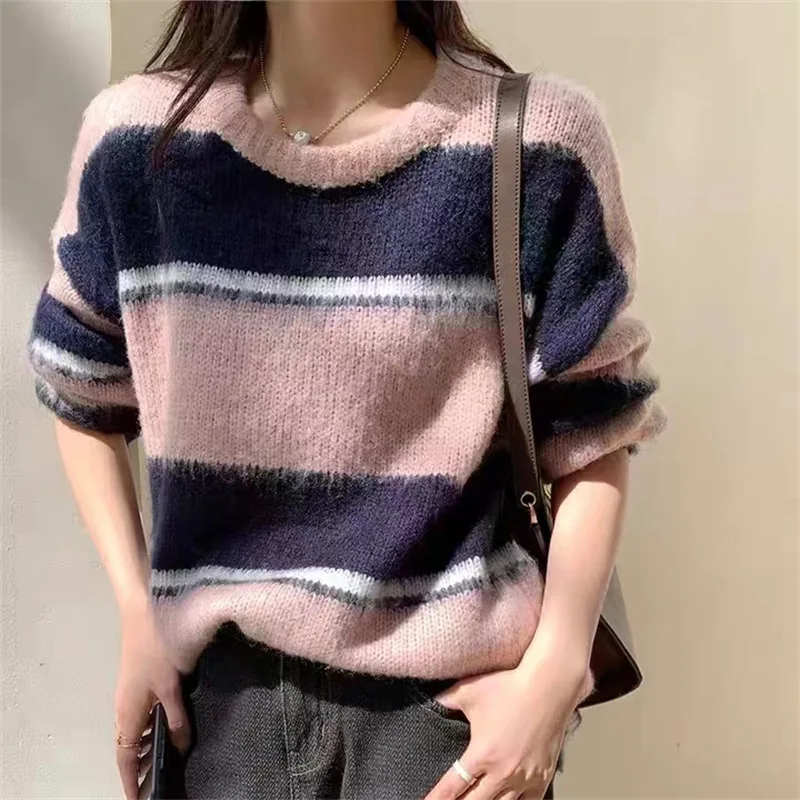 

Женский трикотажный пуловер в полоску, контрастный Трикотажный свитер с длинным рукавом, Осень-зима