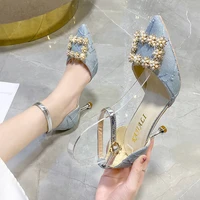 2022 spring and summer new pointed toe high heels womens stiletto sandals womens hollow button single shoes womens high heels
