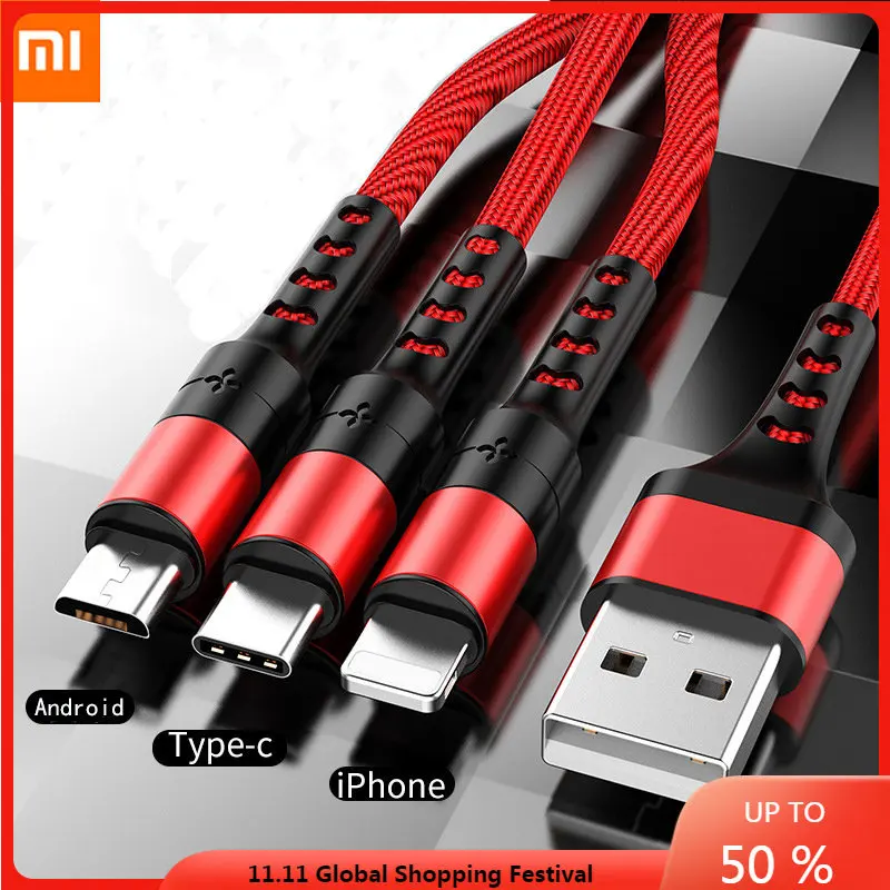 

Xiaomi 3in1 Data USB Cable for IPhone Fast Charger Charging Cable for Android Phone Type C Huawei Samsung Charger Wire for IPad