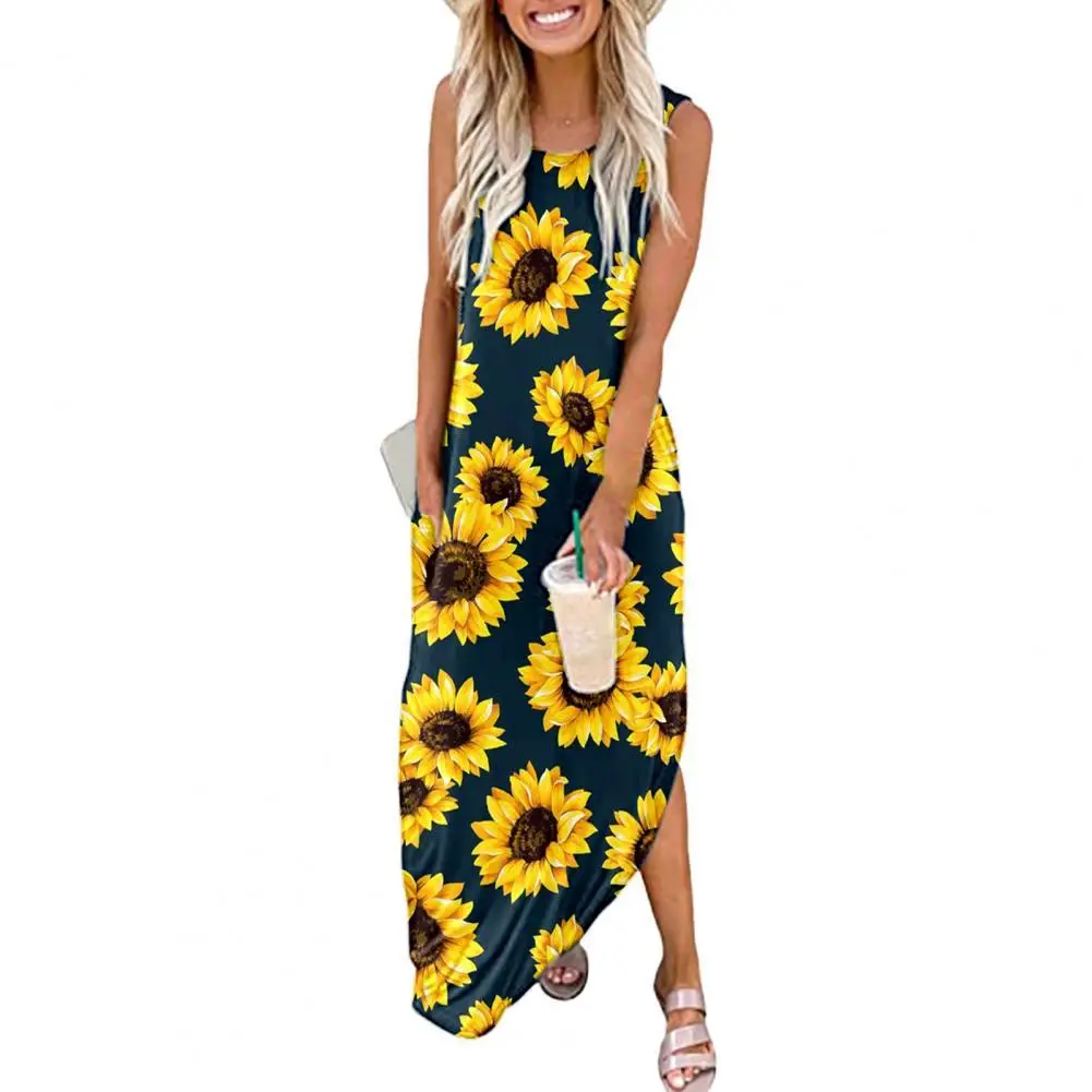 

Платье женское летнее с круглым вырезом, без рукавов, с цветочным принтом