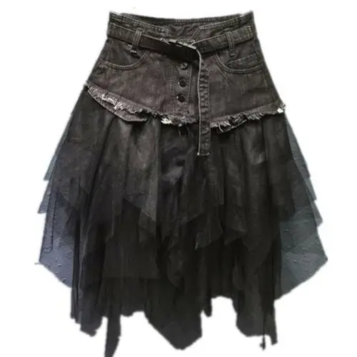 Women Denim Mesh Splice Skirt High Waist Asymmetric Frill Tulle Gothic Chic Blue