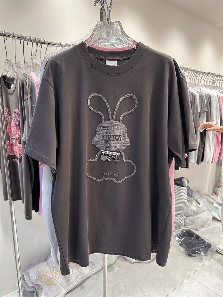 

2023 New Spring Summer Age Reduction Pink Short Sleeve T Shirt Loose O-neck Pullover Top Embroidery Bunny Oversize Casual Tees