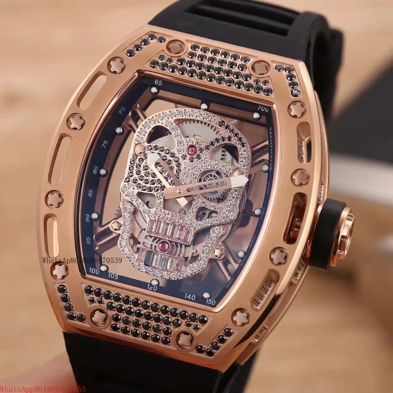 

mens automatic mechanical rose gold iced diamonds skull watch black rubber