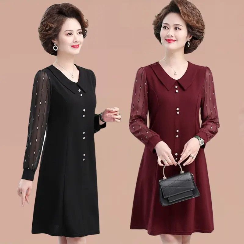 New Spring Woman Clothing Pleated Peter Pan Collar Long Sleeve Single Breasted Dresses Vestidos Ladies All-match Dresses G89