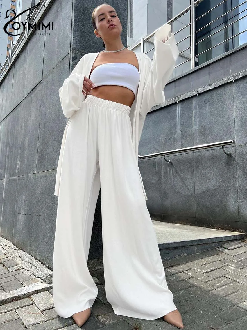 

Oymimi Casual White Simple Two Piece Set For Women Elegant Long Sleeve Lace-Up Shirts And High Waist Wide Leg Pants Female Sets