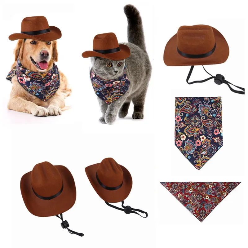 Pet Hats Dog Western Cowboy Hat for Cat Triangle Scarf Funny Drool Towel Retro Prop Accessories Doll Decoration Party Puppy Caps