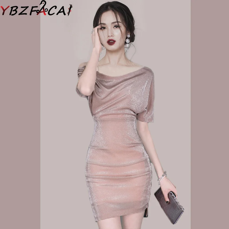 

Модное сексуальное облегающее мини-платье с блестками и диагональным вырезом, роскошное женское платье, плиссированное розовое летнее платье, новинка