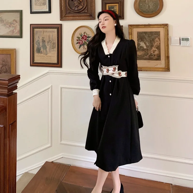 

Deeptown Vintage Elegant Chic Black Shirt Dress Women Korean Style Floral One Piece High Waist Long Sleeve Tunic Blouse Dresses