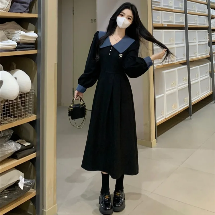 Плюс размер Ретро Контрастный цвет Вельветовое платье с длинными рукавами