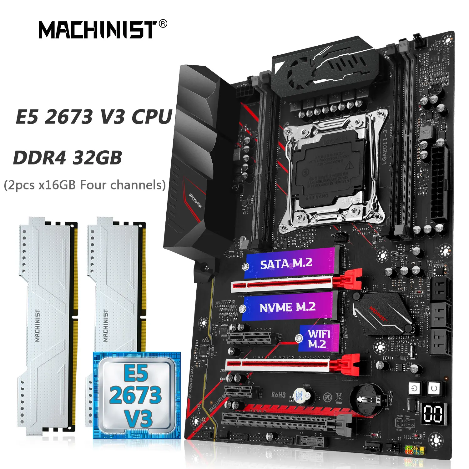 

Machinist MR9A PRO Motherboard Combo Xeon E5 2673 V3 CPU set LGA 2011-3 DDR4 Memory 2*16G=32GB RAM NVME M.2 WIFI Four-channel